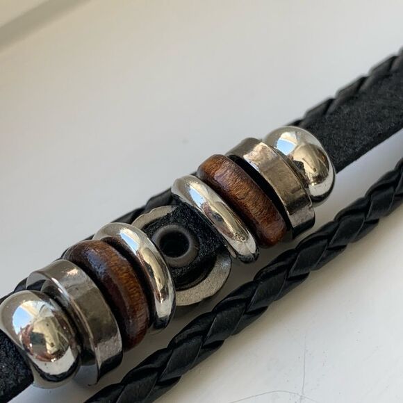 Men’s Black Ibiza Vegan Leather Multi-Strand Cuff Bracelet with Faux Turquoise - Picture 7 of 11